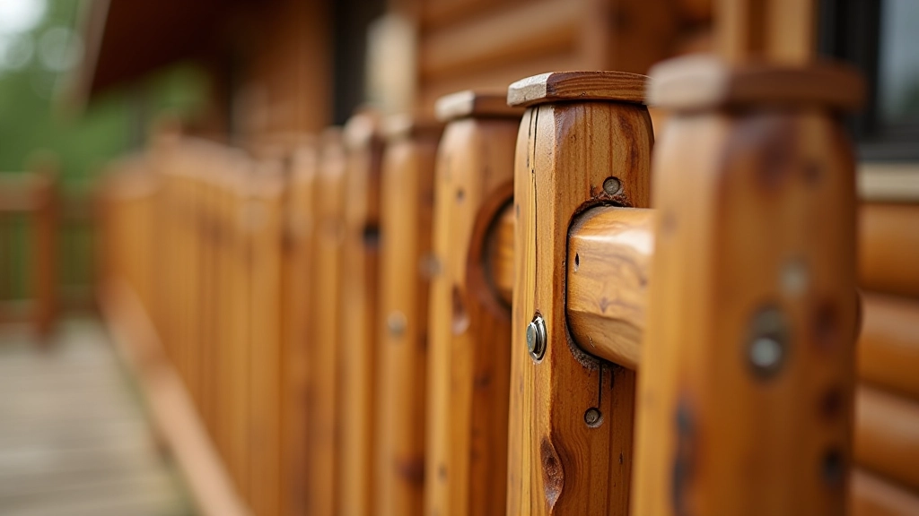 Wooden porch railing with detailed view of mounting hardware, brackets, and bolts connecting rails to posts