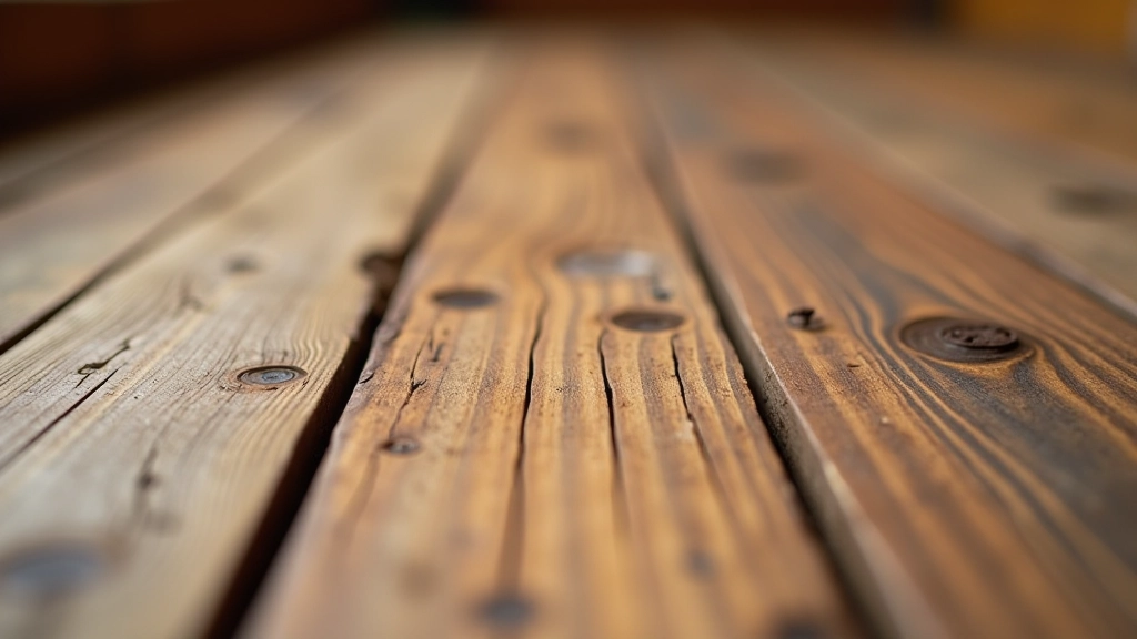 Close-up detail of wooden porch board showing wood grain texture and weather damage patterns