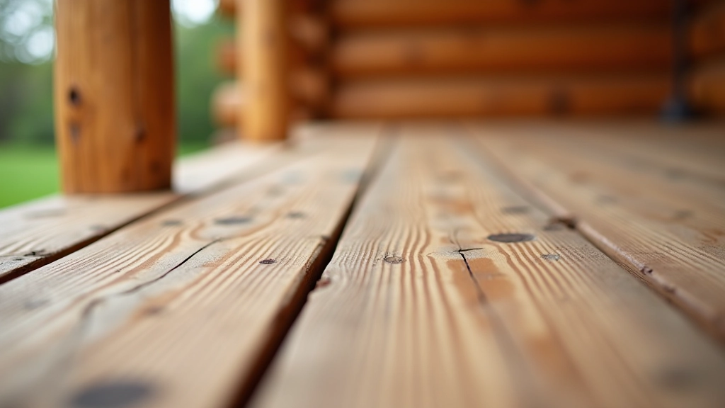 Close-up detail of wooden porch surface showing grain patterns and weathered texture with natural color variations