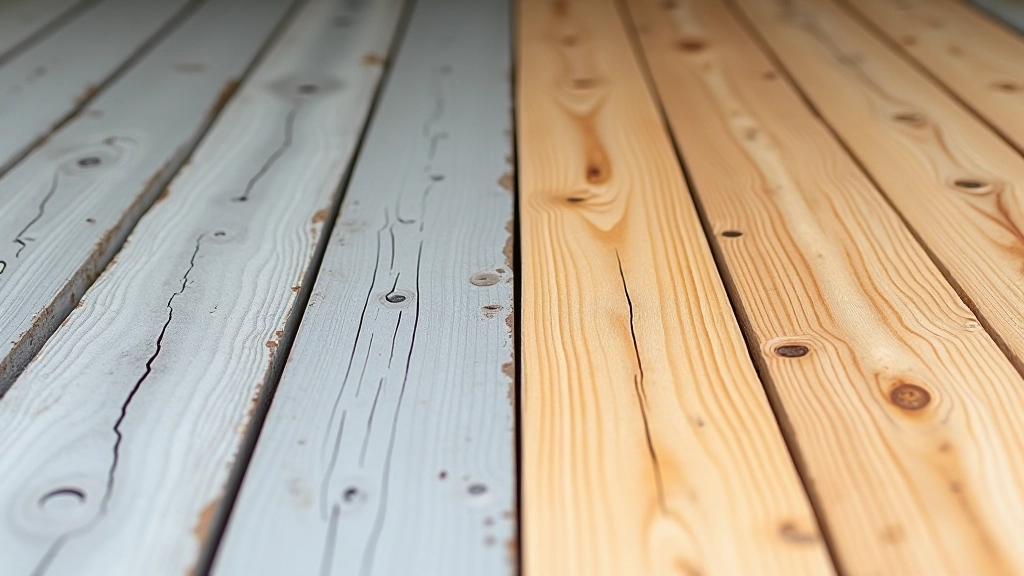 Comparison photo showing weathered gray wood porch boards next to freshly sealed wood with protective finish, side-by-side detail