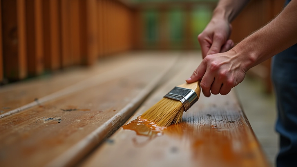 Close-up view of person applying wood sealant with natural bristle brush in smooth, even strokes on wooden porch surface