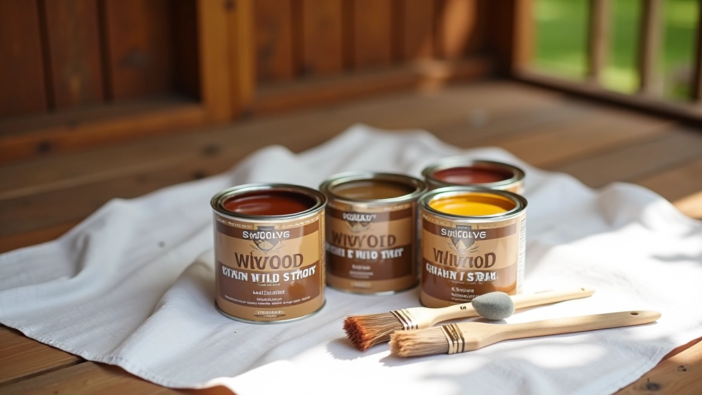 Collection of wood stain cans and brushes arranged on drop cloth in sunlight