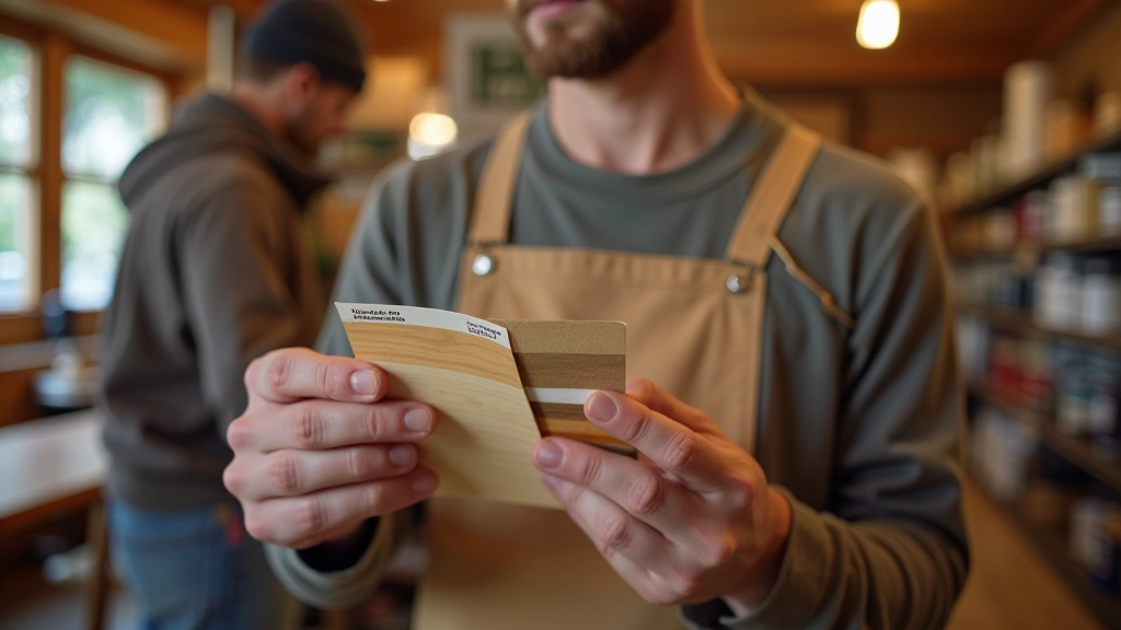 Person selecting wood stain color from paint sample cards at hardware store display