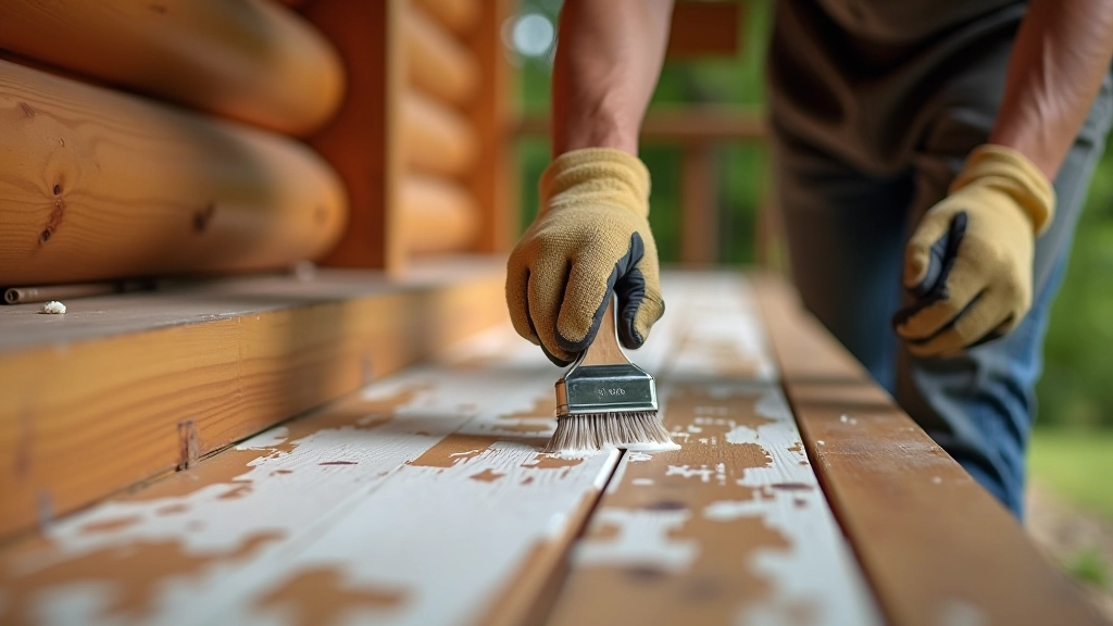 Person applying weather sealant to wooden porch boards with brush and protective gear visible