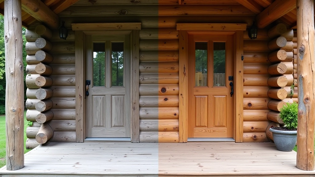 Before and after split image of cabin porch transformation showing repair work and fresh staining