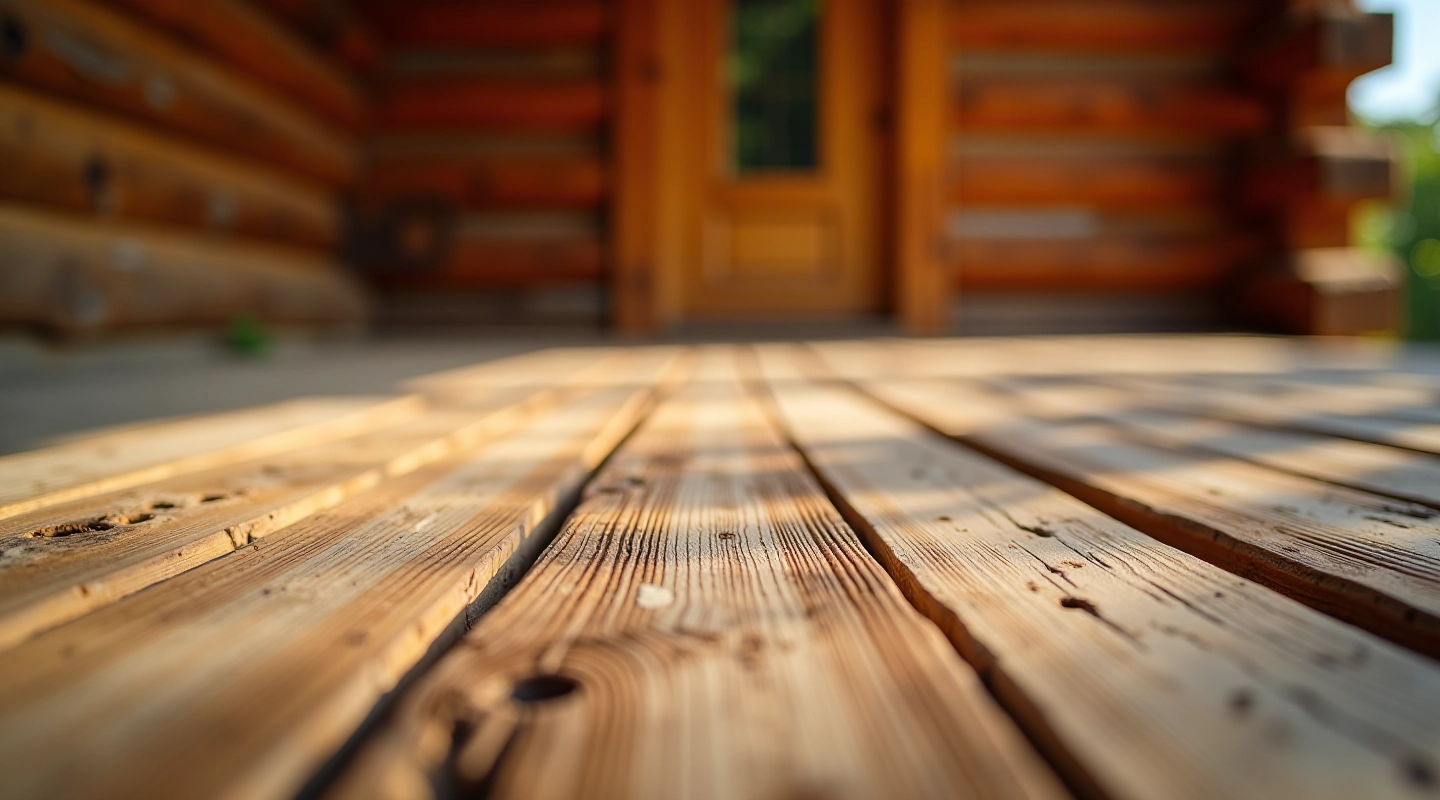 Wooden log cabin porch with weathered boards and natural wood grain texture visible in detail