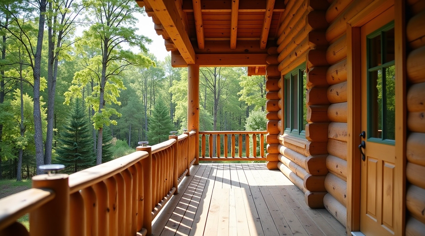 Rustic log cabin porch with weathered wooden beams and natural landscape surroundings