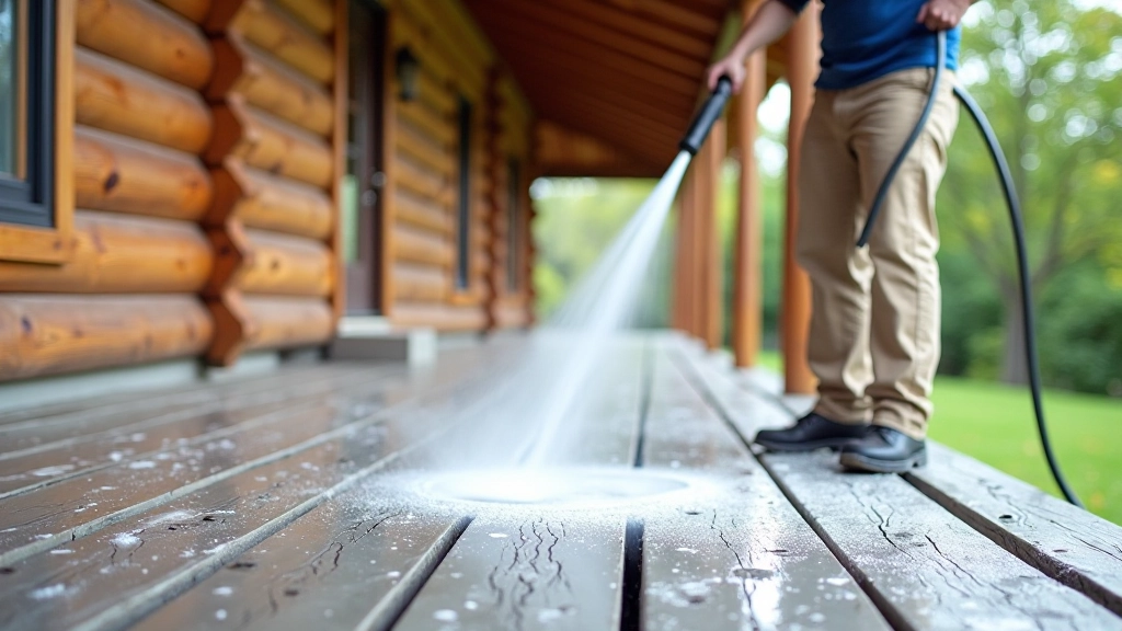Wooden porch surface being cleaned with pressure washer, showing water spray on weathered gray boards