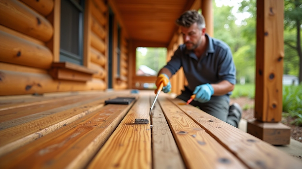 Professional porch staining and maintenance work in progress