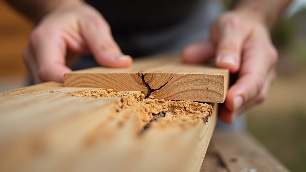 Cross-section view of wooden porch board showing layers with visible rot damage and wood decay pattern