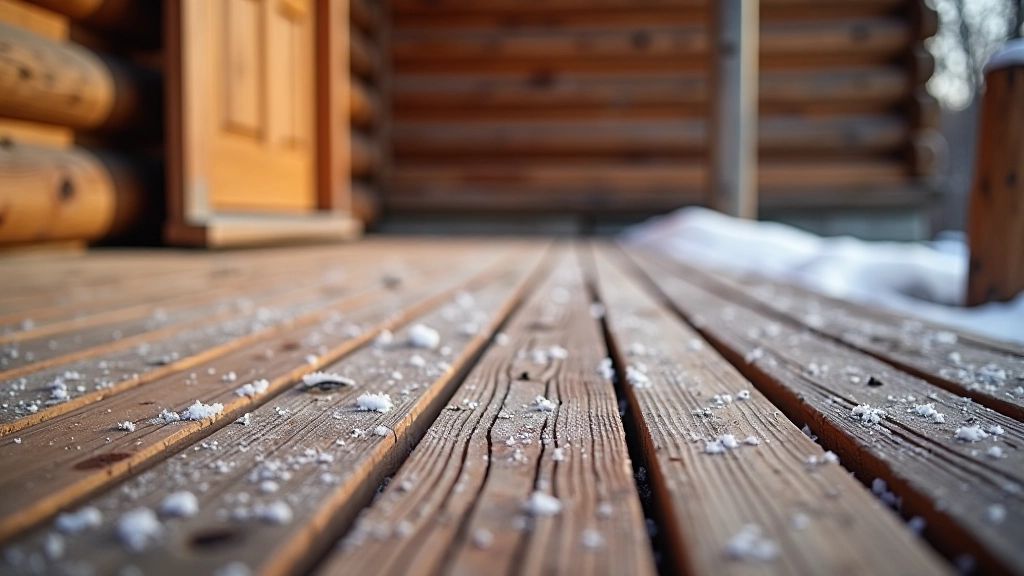 Porch boards showing weather damage patterns with ice crystals and moisture beading on stained surface