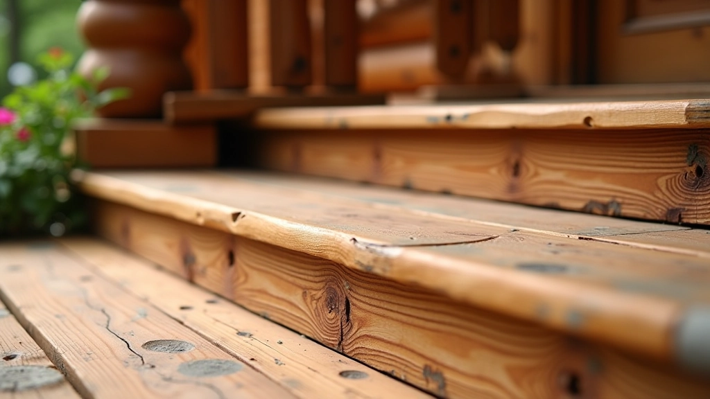 Wooden porch steps showing various crack patterns and settlement lines on step surfaces